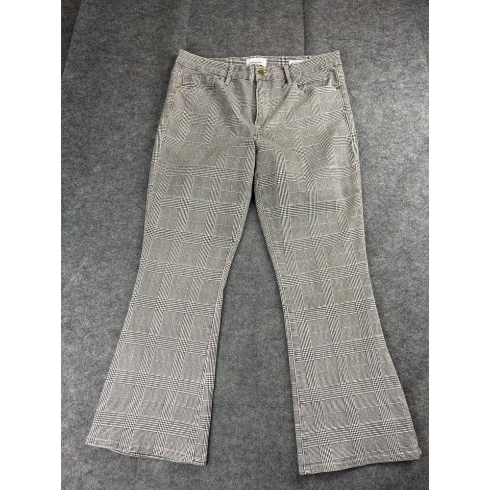 Frame Denim High Rise Crop Mini Boot Cut Jean in Washed Plaid Womens 32